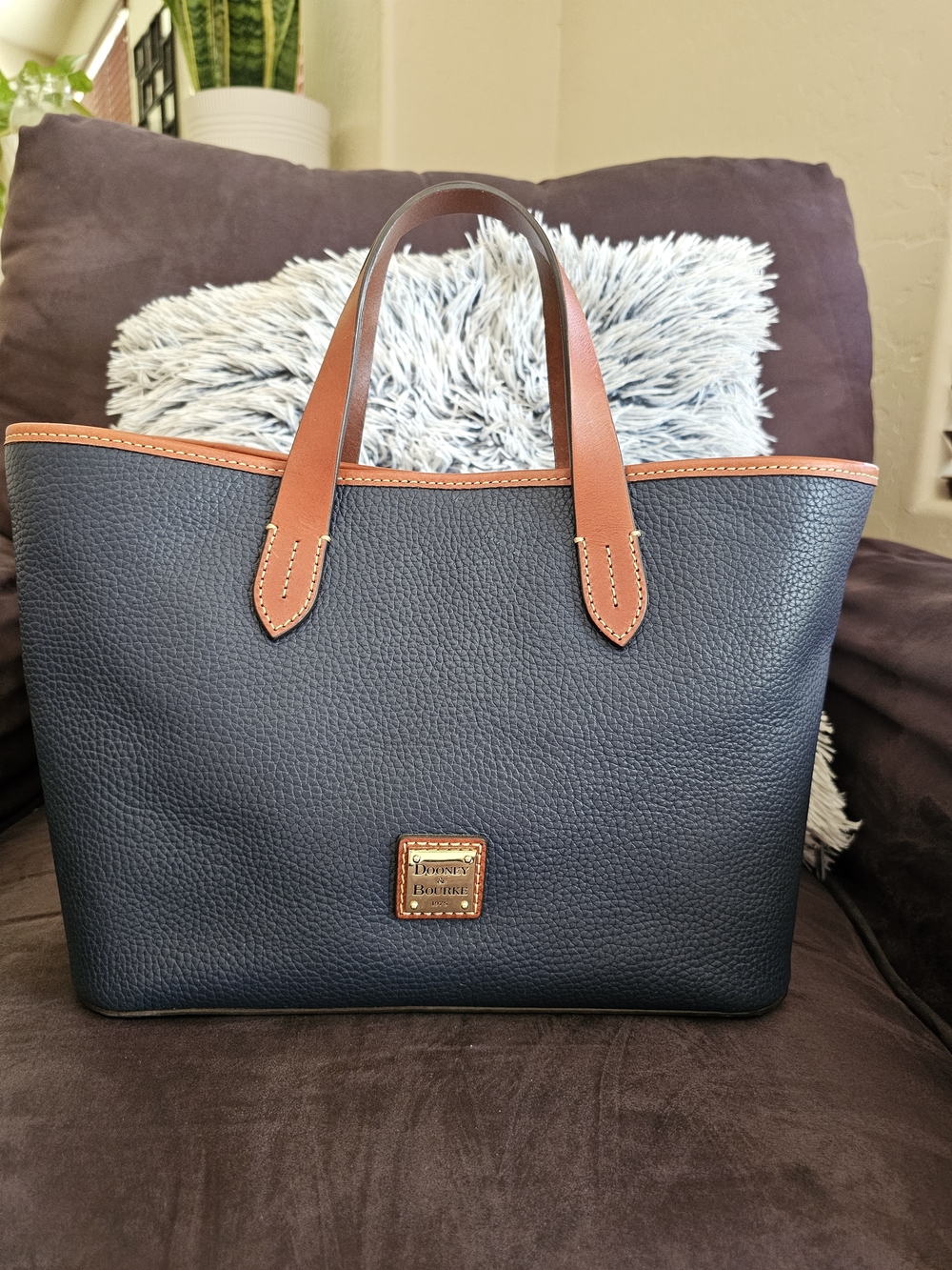 Dooney & Bourke Navy Pebbled Leather Tote with Brown Trim